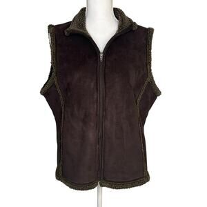 L.L. Bean women's dark brown faux suede sherpa lined vest with embroidery size L